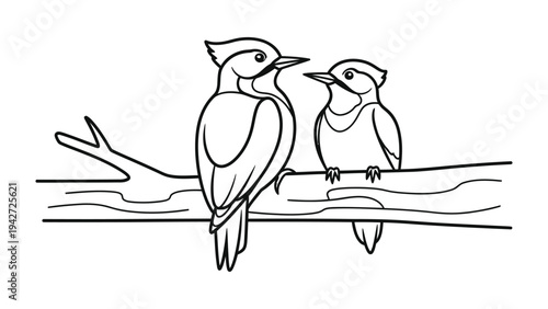 Birds couple on branch illustration: black and white illustration depicting a bird couple sitting closely together on a tree branch.