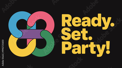 A vibrant abstract graphic features interlocking colorful loops alongside the words ready set party on a black background high quality professional detailed modern elegant stylish clean