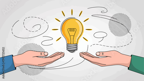 A brightly lit lightbulb is held between two open hands symbolizing an idea or innovation with sketched elements high quality professional detailed modern elegant stylish clean