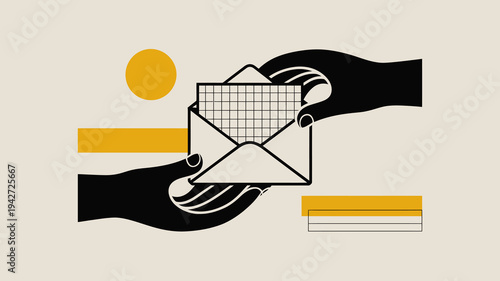Two hands are shown exchanging an open envelope featuring a grid pattern against a minimalist yellow and beige background high quality professional detailed modern elegant stylish