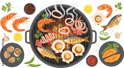 Seafood BBQ Grill Collection with Shrimp, Fish, Squid, Sausage, Scallops, Lemon, Garlic, and Spicy Dipping Sauce Vector Illustration Set