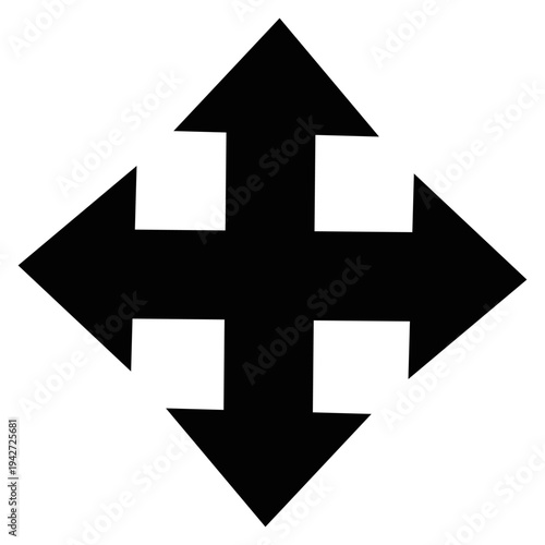 Black Four Way Directional Arrow Cross Icon Isolated on White
