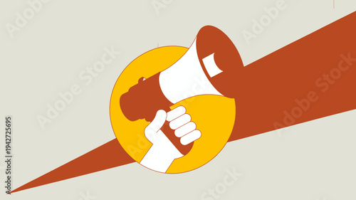 A brightly colored illustration depicts a hand holding a megaphone against a yellow circular background with radiating lines high quality professional detailed modern elegant stylish clean