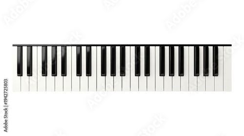 A piano keyboard with black and white keys isolated on transparent background