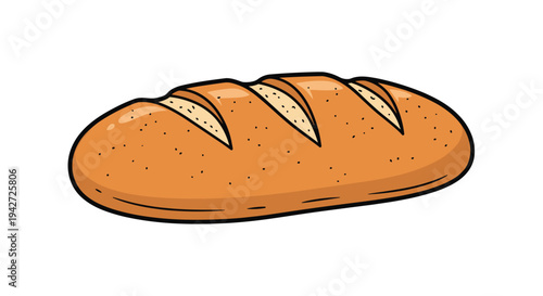 Freshly baked loaf of bread with golden crust and scored top is illustrated in a cartoon style on a plain white background.
