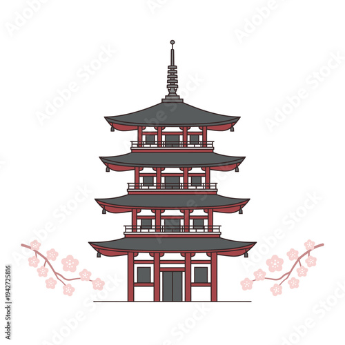 Traditional Japanese Pagoda Architecture with Cherry Blossoms.