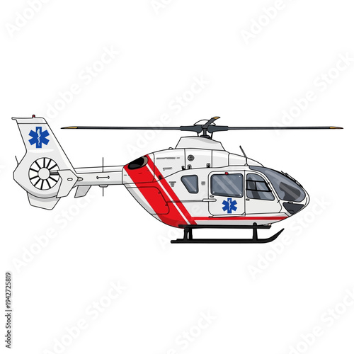 Illustration of a white and red medical helicopter with blue star symbols on a plain white background.