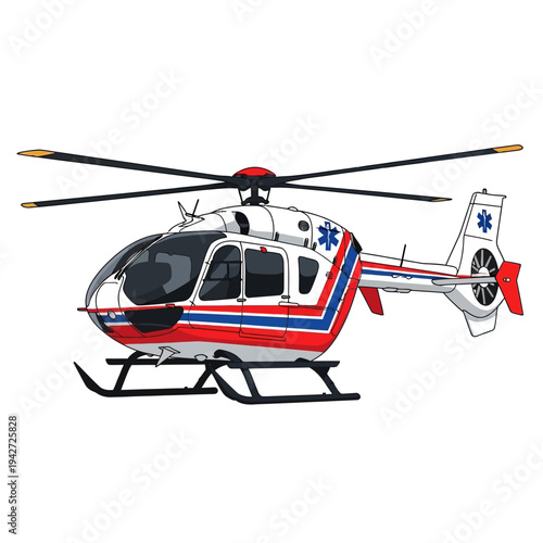 A red, white, and blue medical helicopter with skis on a plain white background, showcasing its side profile and rotor blades.