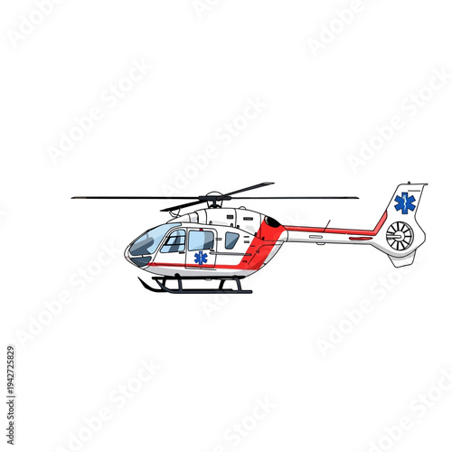 A medical helicopter with a red and white design and a blue star of life symbol flies against a clean white background.