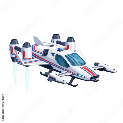 A futuristic white hovercraft with red and blue stripes hovers against a clean white background, showcasing its sleek design and advanced technology.