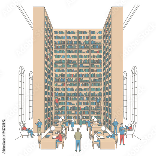 Grand Library Interior with Tall Bookshelves and People.