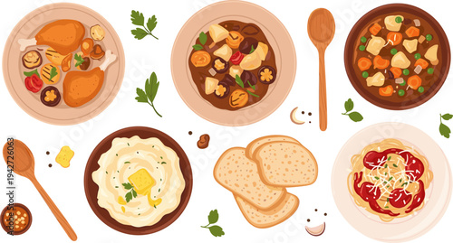 Comfort Food Meal Collection with Mashed Potatoes, Roast Chicken, Vegetable Stew, Pasta with Tomato Sauce, and Bread Homemade Dinner Vector Illustration Set
