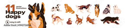Happy dogs set. Different breeds of puppies in various poses. Cute pups of shepherd, bull terrier, dalmatian, borzoi and St. Bernard. Funny pets, animals. Flat isolated vector illustrations on white