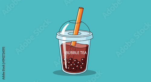 Refreshing bubble tea or boba drink with dark tapioca pearls and a large orange straw is shown in a plastic cup with a lid.
