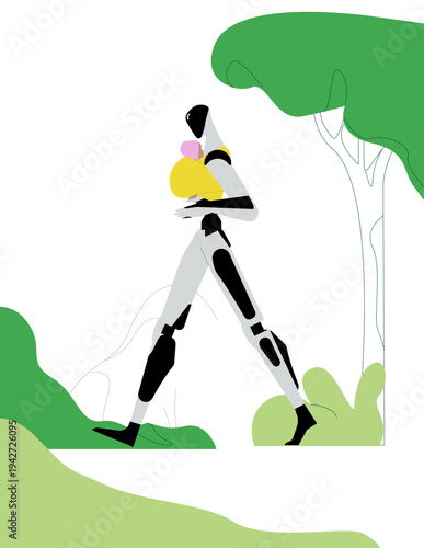 Humanoid robot carrying a baby in a sling while walking in a park. Concept of artificial intelligence in everyday life, future parenting, human-robot coexistence, and advanced caregiving technology. 