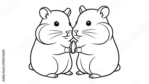 Hamster Companions: Two endearing hamsters share a moment, holding a single seed together. Their close connection and playful nature evoke feelings of warmth and shared enjoyment.