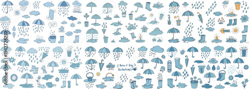 A vibrant collection of hand-drawn rainy day illustrations featuring umbrellas, raindrops, and boots.