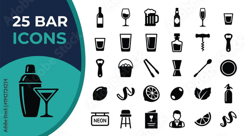 A collection of 25 bar icons including drinks and tools.