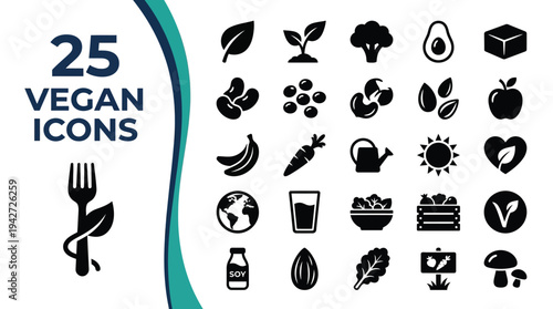 A collection of 25 vegan food and lifestyle icons are presented.