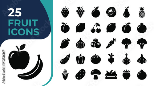 Collection of 25 assorted fruit and vegetable icons.