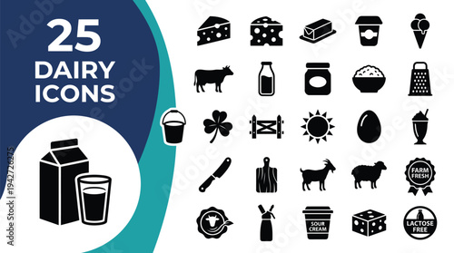Collection of 25 dairy icons and related items for graphic design.