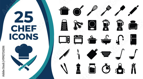 A collection of 25 chef icons representing kitchen tools and appliances.