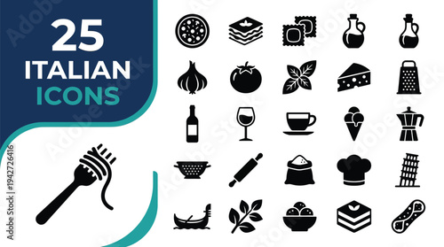 A collection of 25 Italian food and cultural icons are displayed.