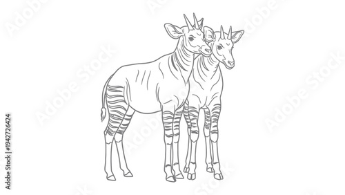 Okapi Duo: A captivating artistic rendition of two okapis, standing side by side, showcasing their unique zebra-like stripes and elegant form. 