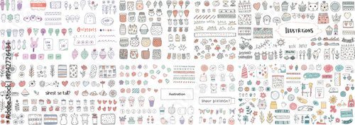 A vibrant collection of illustrated doodles featuring plants, animals, and playful elements.