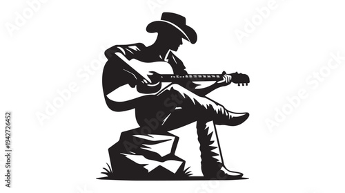 Silhouette of a cowboy playing guitar, sitting on a rock, western music concept