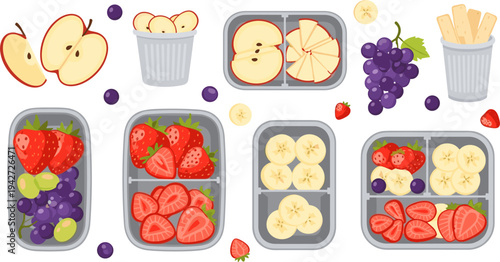 Fresh Fruit Snack Box Collection with Apple Slices, Banana, Strawberries, Grapes, and Healthy School Lunch Containers Vector Illustration Set