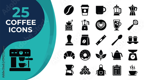A collection of 25 diverse coffee-related icons are displayed against a teal and white background.