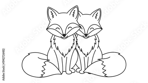 Foxes Embrace: Two charming foxes, with detailed outlines, share an intimate moment of togetherness. Perfect for design projects.