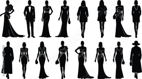 Vector collection of men and women fashion silhouettes wearing elegant evening gowns tuxedo and formal attire isolated on white background for luxury events