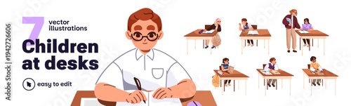 Children at desks set. Kids sit at tables, write and read books. Cute students are learning at school. Happy pupils study with teacher in class. Flat isolated vector illustrations on white background