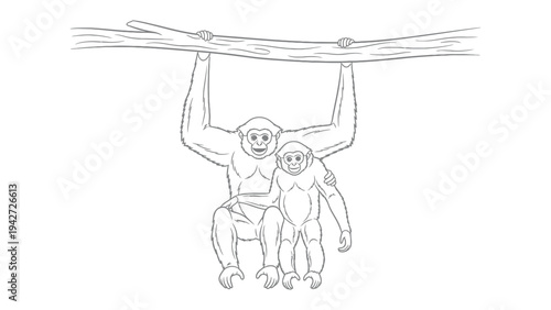 Monkey Family on a Branch: A heartwarming drawing showcases a monkey family hanging from a branch, symbolizing bond and togetherness.