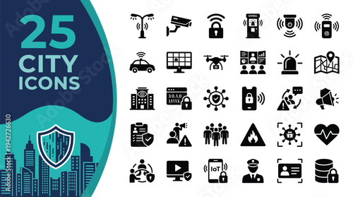 A collection of 25 city icons representing security and technology concepts.