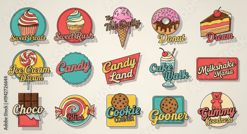 Vintage Dessert and Candy Shop Stickers - A Sweet Collection of Retro Treats.
