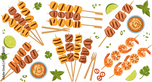 Grilled Skewer BBQ Collection with Chicken, Beef, Shrimp, and Vegetable Kebabs with Lime, Herbs, and Dipping Sauce Vector Illustration Set