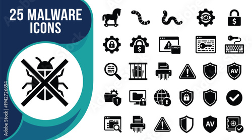 A collection of 25 malware icons representing cybersecurity threats and protection.