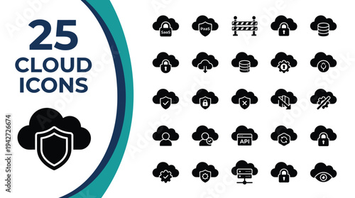 Collection of 25 cloud computing icons representing various services and security features.