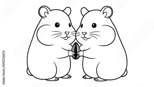 Two Hamsters Sharing a Seed: An adorable black and white illustration of two cute hamsters facing each other, holding a single sunflower seed between their paws, symbolizing friendship and sharing.