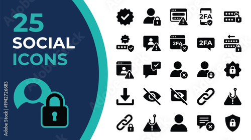 A collection of 25 social icons featuring security and user profiles.