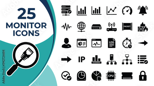 A collection of 25 monitor icons representing network and system status.