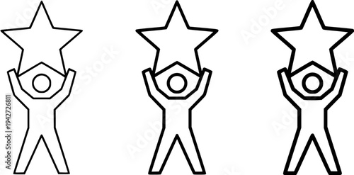 Three stick figures holding up stars in a celebratory gesture on a white background with black outlines