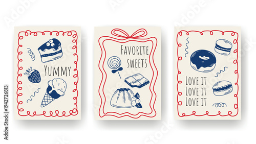 Set of posters themed around sweet food and treats. Vector posters with sweets and text in Mediterranean style. Cute templates for cards, flyers, wall art, vector graphics