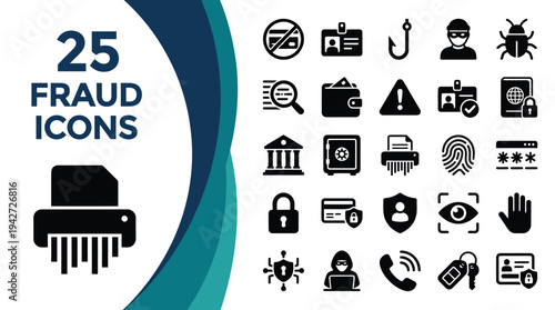 Collection of 25 icons representing various types of fraud and security measures.