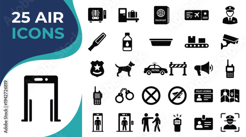 A collection of 25 air travel security icons for airports and travel.