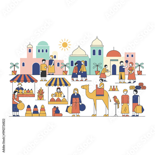 Vibrant Middle Eastern Market Scene with Diverse People and Animals.