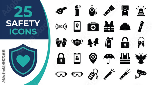 Collection of 25 safety icons representing various protective measures and emergency equipment.